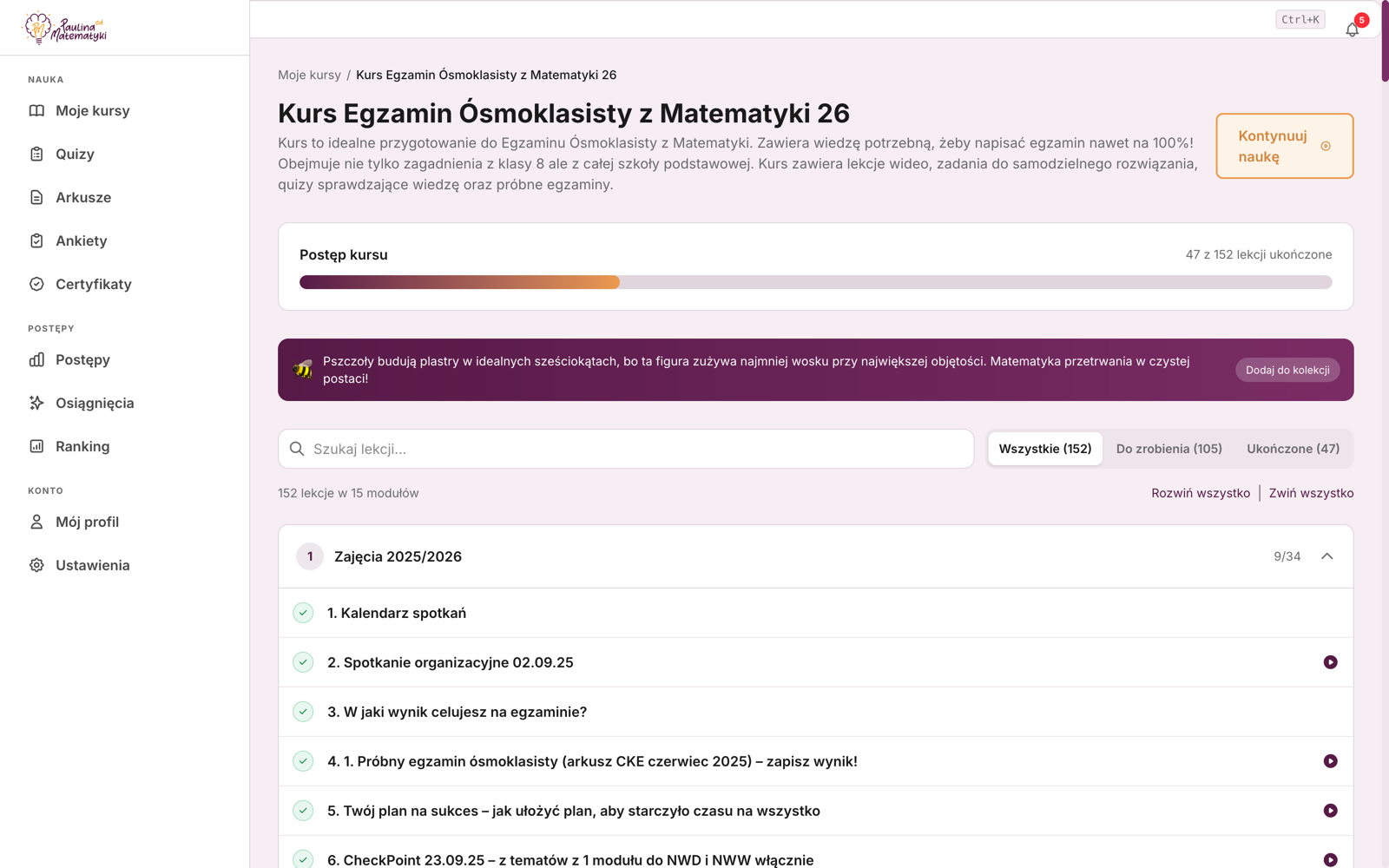 Widok platformy kursu