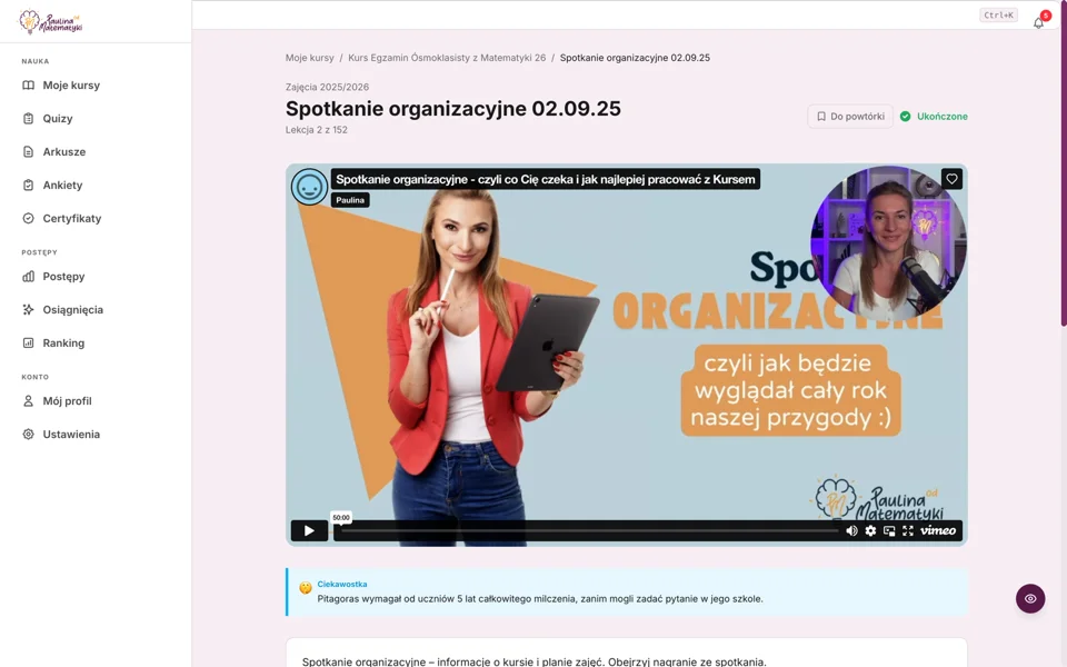Widok lekcji video na platformie kursowej
