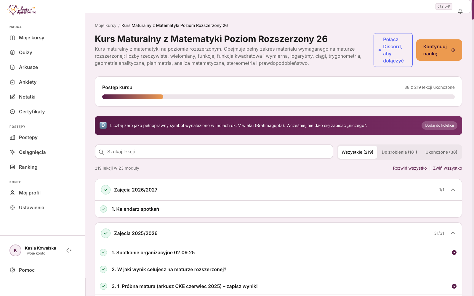 Widok platformy kursu